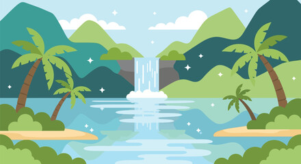 Serene tropical waterfall oasis with palm trees and lush green mountains scenic vista vector