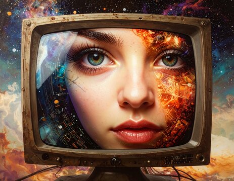 Woman's face in vintage TV, cosmic background