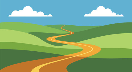 Fototapeta premium Winding country road through lush green hills under a blue sky with clouds vector