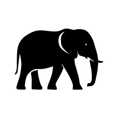 Fototapeta premium Elephant silhouette wild animal icon - Black silhouette of an elephant with tusks, symbolizing wildlife, nature, strength, safari, jungle, and conservation of endangered animals. 