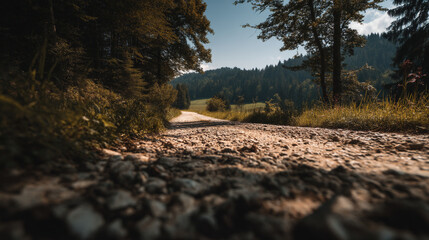 A ground level view of a rocky path leading through a forest towards a distant open field