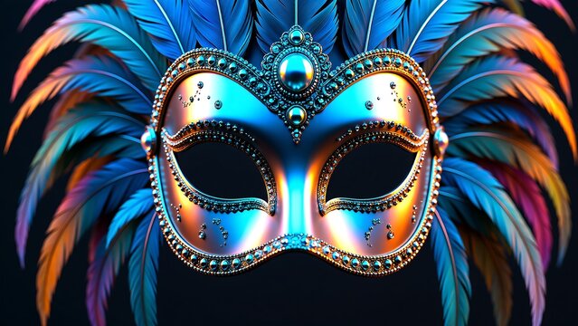 Digitally rendered illustration of a luxurious masquerade mask with glowing iridescent textures and vibrant blue feathers, an artistic concept for a fantasy carnival or festive event
