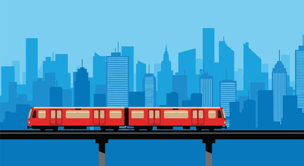 Obraz premium Modern red train moving on elevated track against futuristic city skyline background transportation concept vector