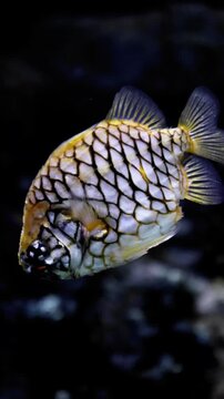 Pineapplefish with glowing scales swimming gracefully in dark underwater environment in 4K