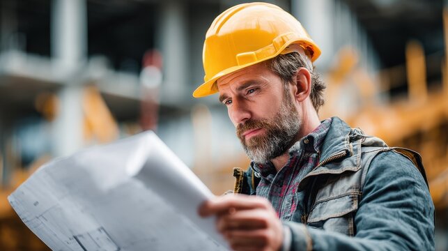 professional construction worker wearing a safety hard hat carefully reviewing blueprints at an active building site representing architecture engineering and project planning - Powered by Adobe