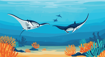 Majestic manta rays swim gracefully underwater coral reef ocean life wildlife vector