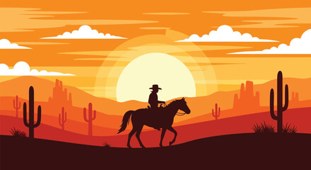 Silhouette cowboy riding horse desert sunset vast landscape dramatic sky orange hues vector