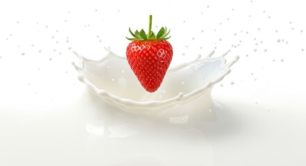 Strawberry Delight: A Fresh Red Berry Splashing into Creamy White Milk, a Visual Symphony of Flavors on a Seamless Backdrop