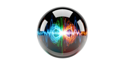 A captivating crystal ball showcases a mesmerizing display of blue and red sound waves, isolated on transparent background, creating a harmonious blend of technology and art