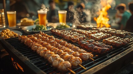 Lively gathering with soju cocktails grilled galbi ribs spicy rice cakes and music playing in the background during a rooftop party