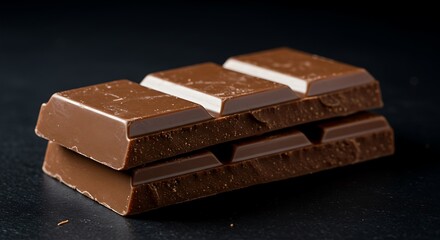 Delicious milk chocolate bars stacked on a dark background.