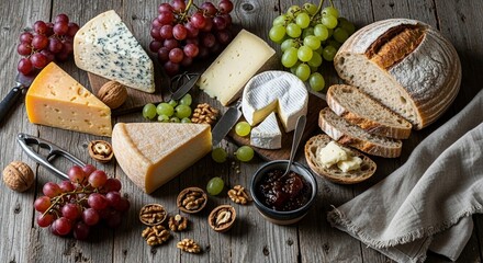 rustic cheese board with grapes and bread, assortment of gourmet cheeses and wine pairings, stil life of cheese, grapes, and nuts on a wooden table