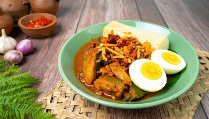 Delicious Indonesian Nasi Uduk with Egg, Vegetables and Chili Sauce on a Plate