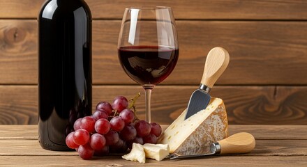 wine and cheese, and grapes on a rustic wooden table