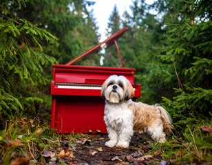 Red piano and dog in a forest