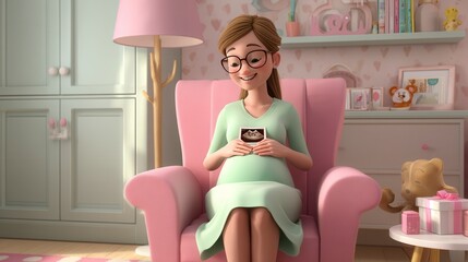 Happy pregnant woman in mint dress holding ultrasound photo while sitting in pink armchair, 3D animated nursery with teddy bears and pastel decor, pregnancy announcement concept