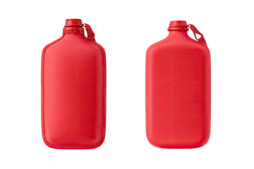 Two red, rectangular water bottles, side-by-side, with plastic caps and handles, showing a smooth, glossy finish