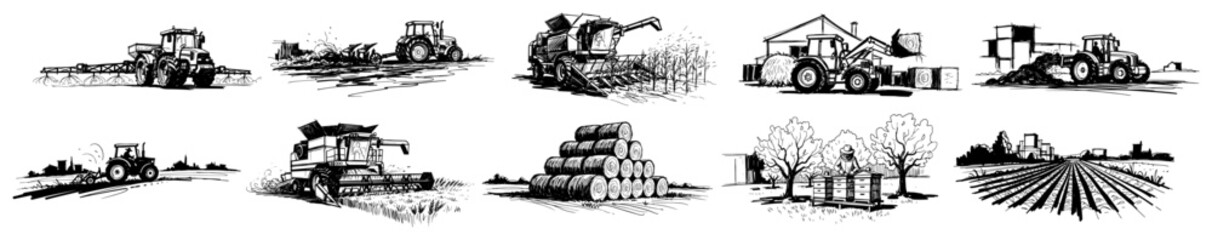 Tractor and agricultural machinery sketch collection © Mago