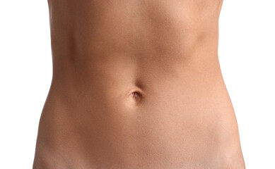 Woman with flat belly on white background, closeup
