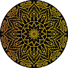 A circular mandala with intricate golden patterns on a dark, almost black, background. The design is symmetrical and detailed.