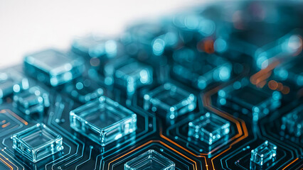 Futuristic glossy glass microchip circuit board background with neon reflections, premium abstract hi-tech texture for corporate presentations, branding, and technology marketing