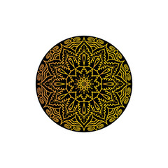 A circular mandala with intricate golden patterns on a dark, almost black, background. The design is symmetrical and detailed.