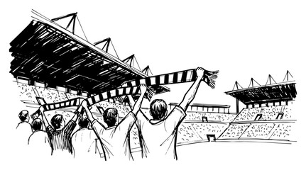 Football fans cheering with a scarf in the stadium sketch © Mago