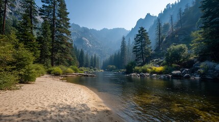 Serene River Landscape with Forested Mountains and Sandy Shore Under Bright Blue Sky