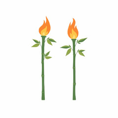 Bamboo torches with flames and leaves on white background  