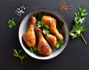 top view of baked chicken legs with seasonings and fresh herbs