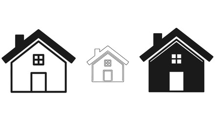 Fototapeta premium Three stylized house icons one small in the middle two larger on the sides one black and white one outline one solid black representing real estate