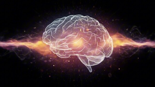 A transparent brain silhouette sits amid fiery ethereal light against a dark cosmic background
