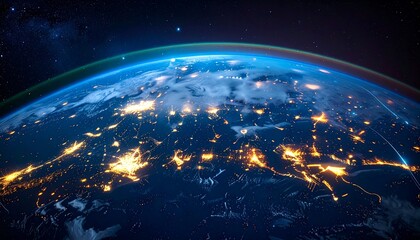 Earth at night with glowing city lights from space