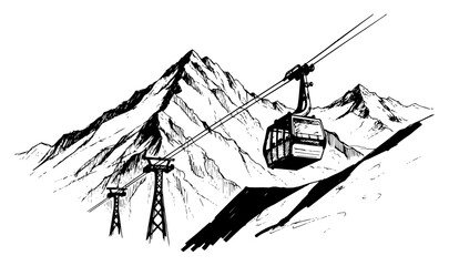 Cable car in the high mountains vector sketch illustration