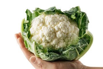 Fresh cauliflower held in a hand, close up.