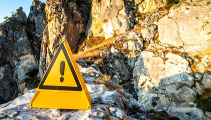Warning sign on rocky mountainside