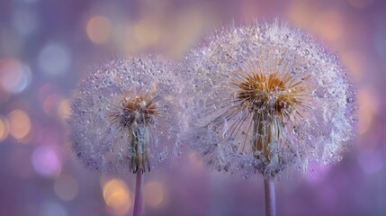Close Up Dandelions with Water Droplets in Soft Pastel Colors for Nature and Floral Themes