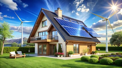 Obraz premium Modern House with Solar Panels and Wind Turbines Sustainable Living Concept