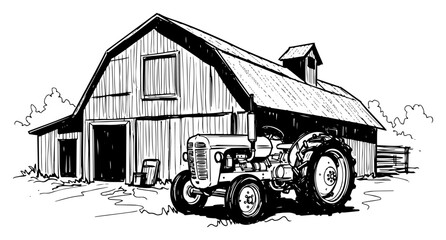 Rural barn with vintage tractor on farm © Mago