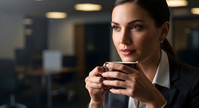Confident businesswoman takes a moment to relax with a warm drink in a modern office, enjoying a contemplative break.