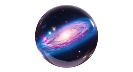A captivating galaxy marble isolated on transparent background, featuring a swirling galaxy with vibrant colors, showcasing the beauty and mystery of the universe and cosmic wonders