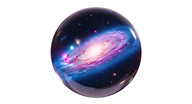 A captivating galaxy marble isolated on transparent background, featuring a swirling galaxy with vibrant colors, showcasing the beauty and mystery of the universe and cosmic wonders