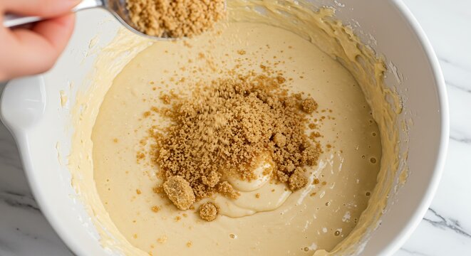 Adding brown sugar crumble to cake batter in a white bowl.