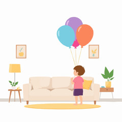 Young boy holding colorful balloons while standing in living room  