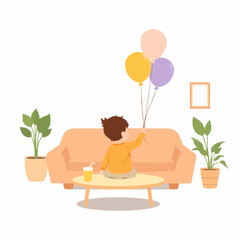 Young boy sitting on sofa holding colorful balloons in living room  