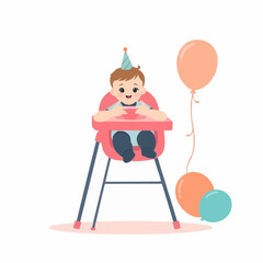 Happy baby sitting in high chair with party hat and balloons  