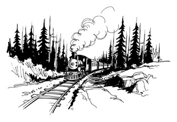 Fototapeta premium Steam locomotive on forest mountain railway