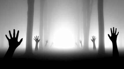 Dark Forest Scene with Raised Hands Silhouettes Creating Eerie Atmosphere