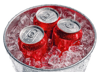 Three red soda cans in a silver bucket filled with ice