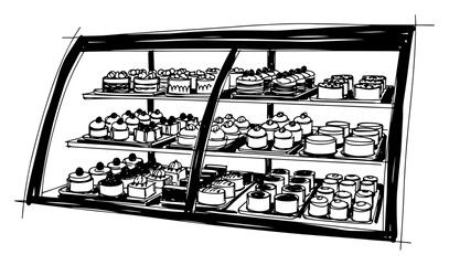 Bakery showcase with a variety of cakes and pastries sketch